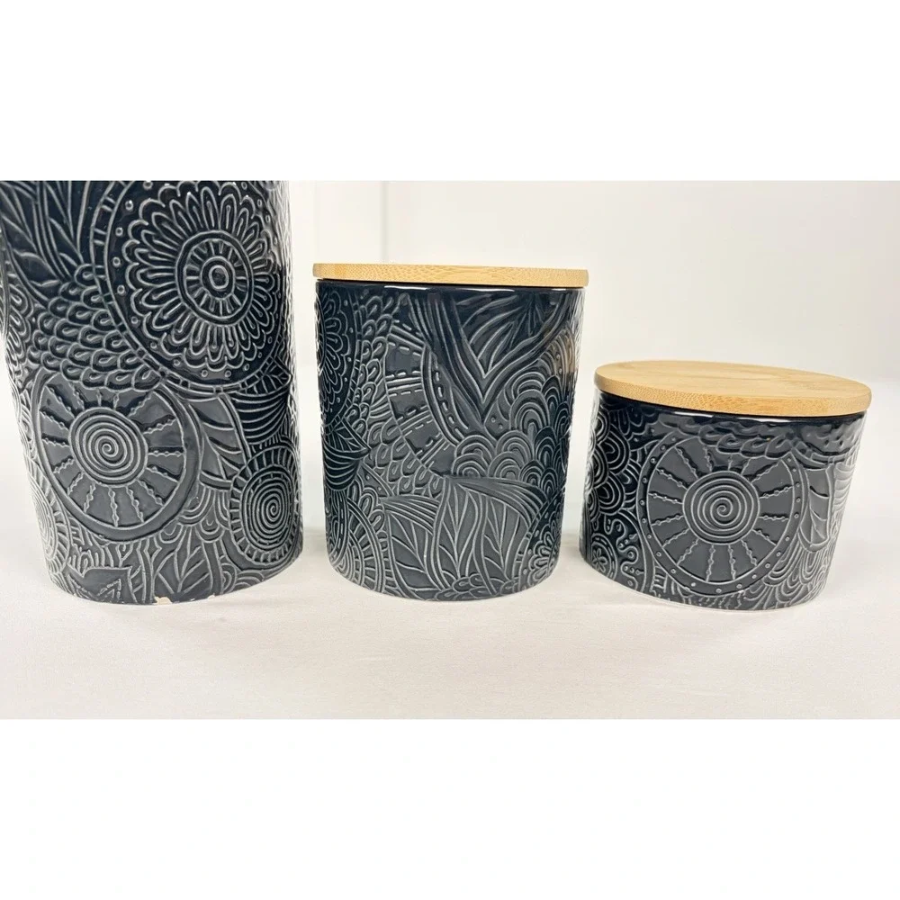 Atelier Ceramic Kitchen Canister Set 3 Piece Blue Embossed Floral Wood Lids